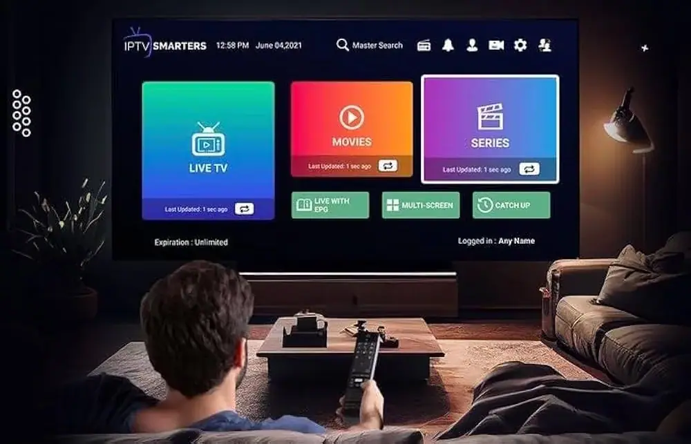 How to set up IPTV on Firestick: IPTV app home screen on a living room TV