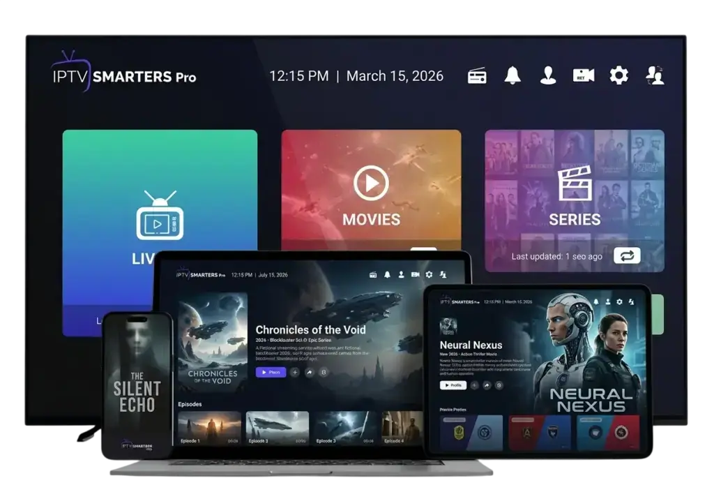 Best IPTV app for Firestick: IPTV Smarters running on a TV, laptop and tablet