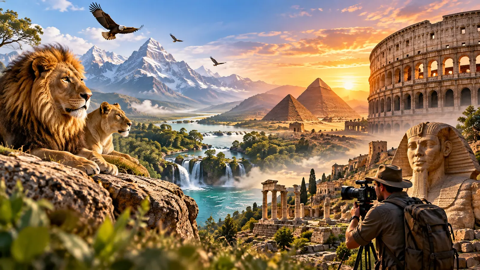 Documentary scene with lions, mountains, waterfalls, pyramids and ancient ruins