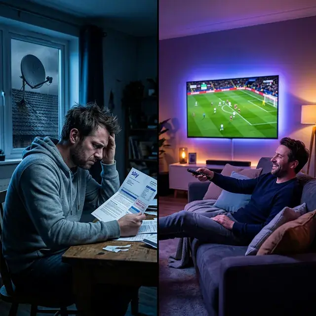 Man frustrated with a pay-TV bill next to a relaxed viewer watching football