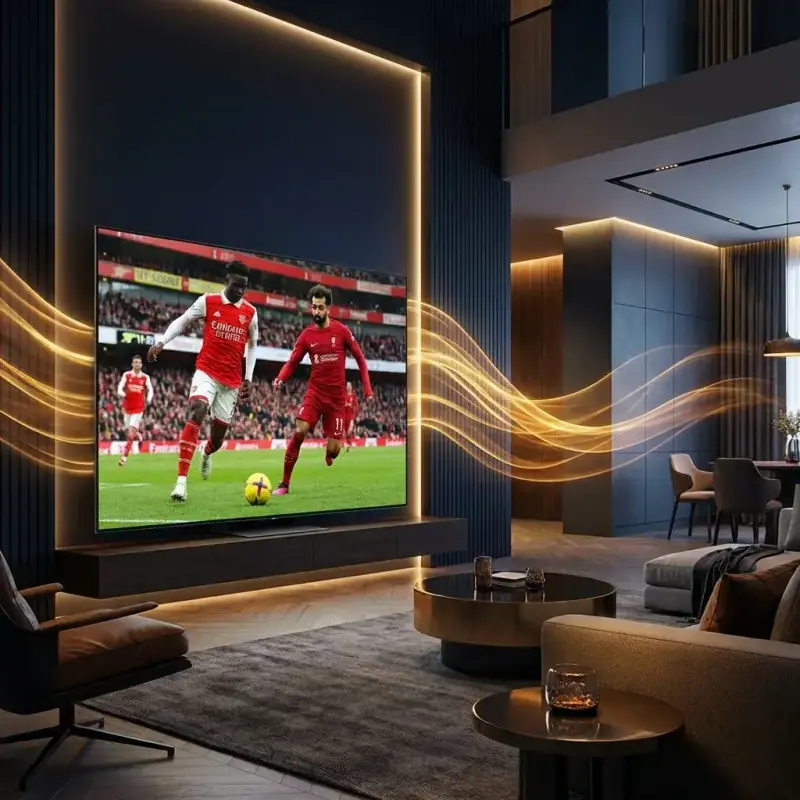 Large 4K TV showing a football match in a modern living room